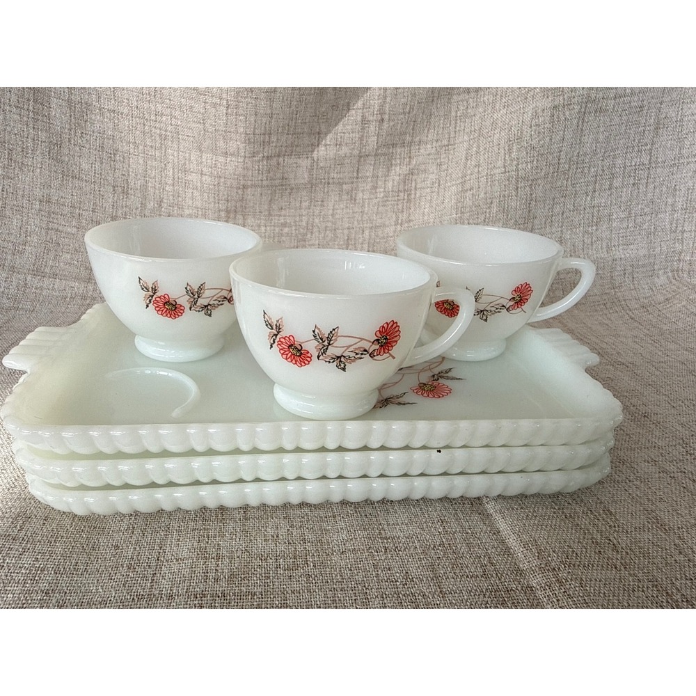 Vintage Fire King Fleurette Milk Glass Snack Set 3 Trays 3 Cups Pink Floral MCM